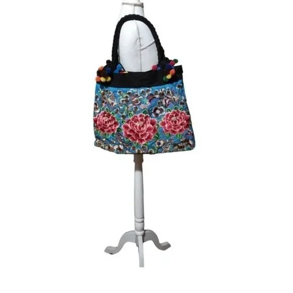 Unbranded Women's Canvas Embroidered Blue Multicolor Floral Ethnic Boho Bag Tote - Picture 2 of 7